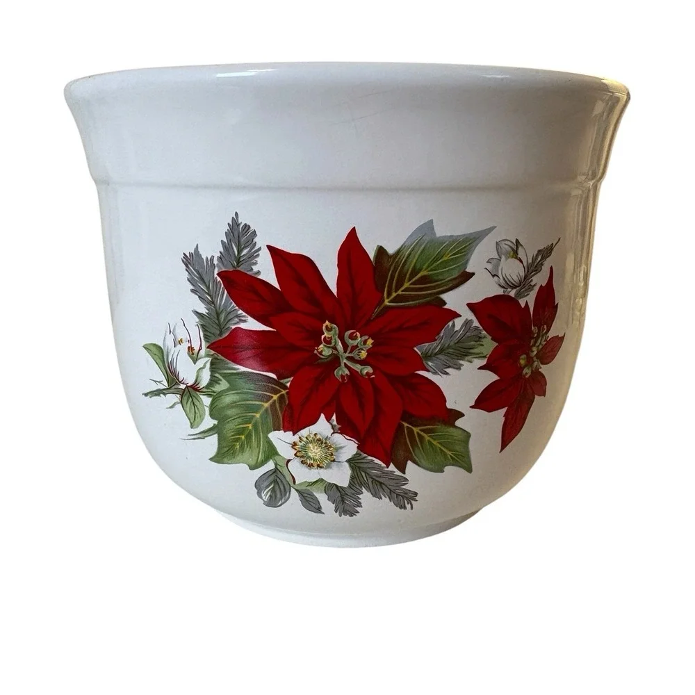 New England Pottery Cache Pot Poinsettia Christmas  Planter Made In Portugal 7